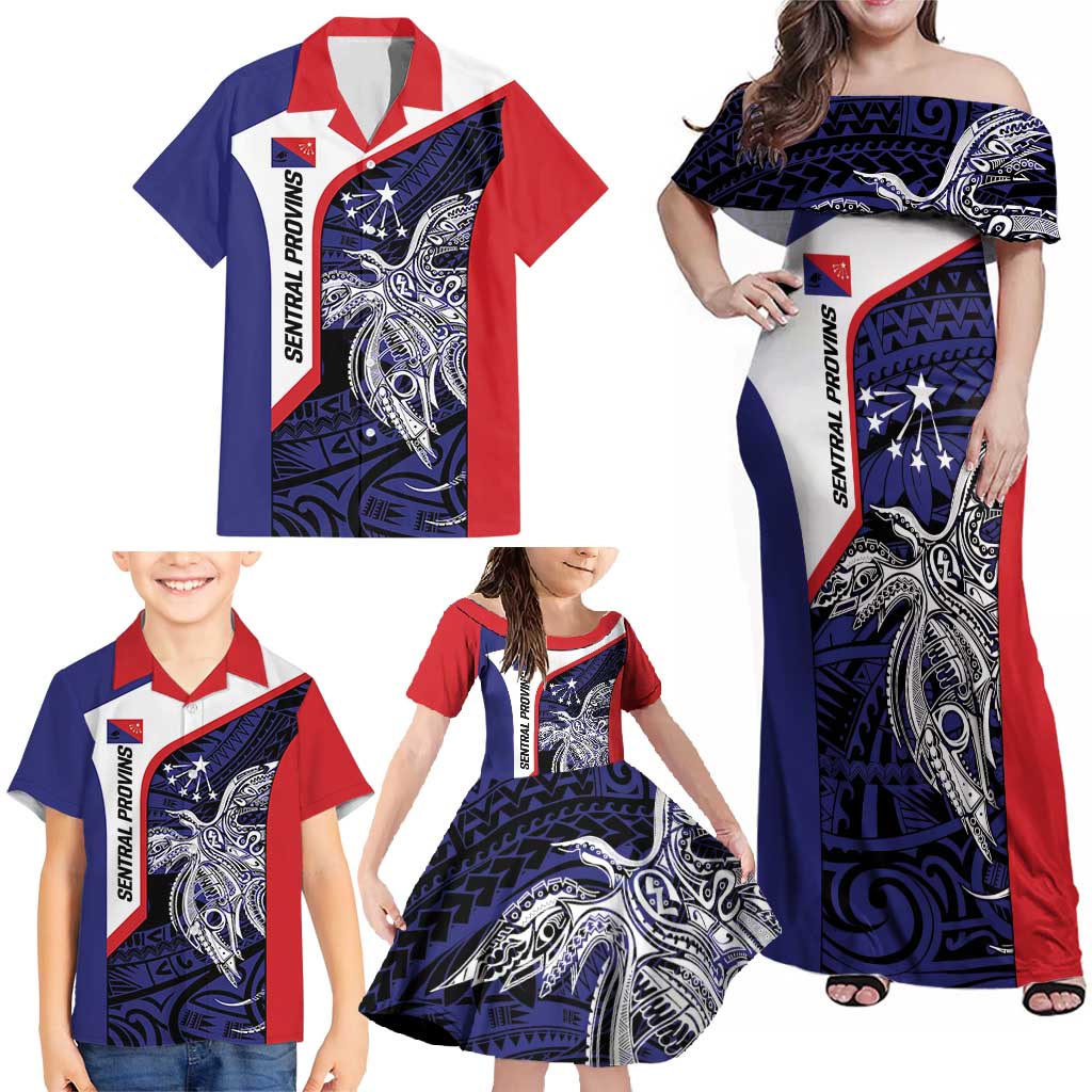 Personalised PNG Central Province Family Matching Off Shoulder Maxi Dress and Hawaiian Shirt Bird of Paradise Tattoo Flag Motif LT9 - Polynesian Pride