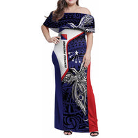 Personalised PNG Central Province Family Matching Off Shoulder Maxi Dress and Hawaiian Shirt Bird of Paradise Tattoo Flag Motif LT9 Mom's Dress Blue - Polynesian Pride