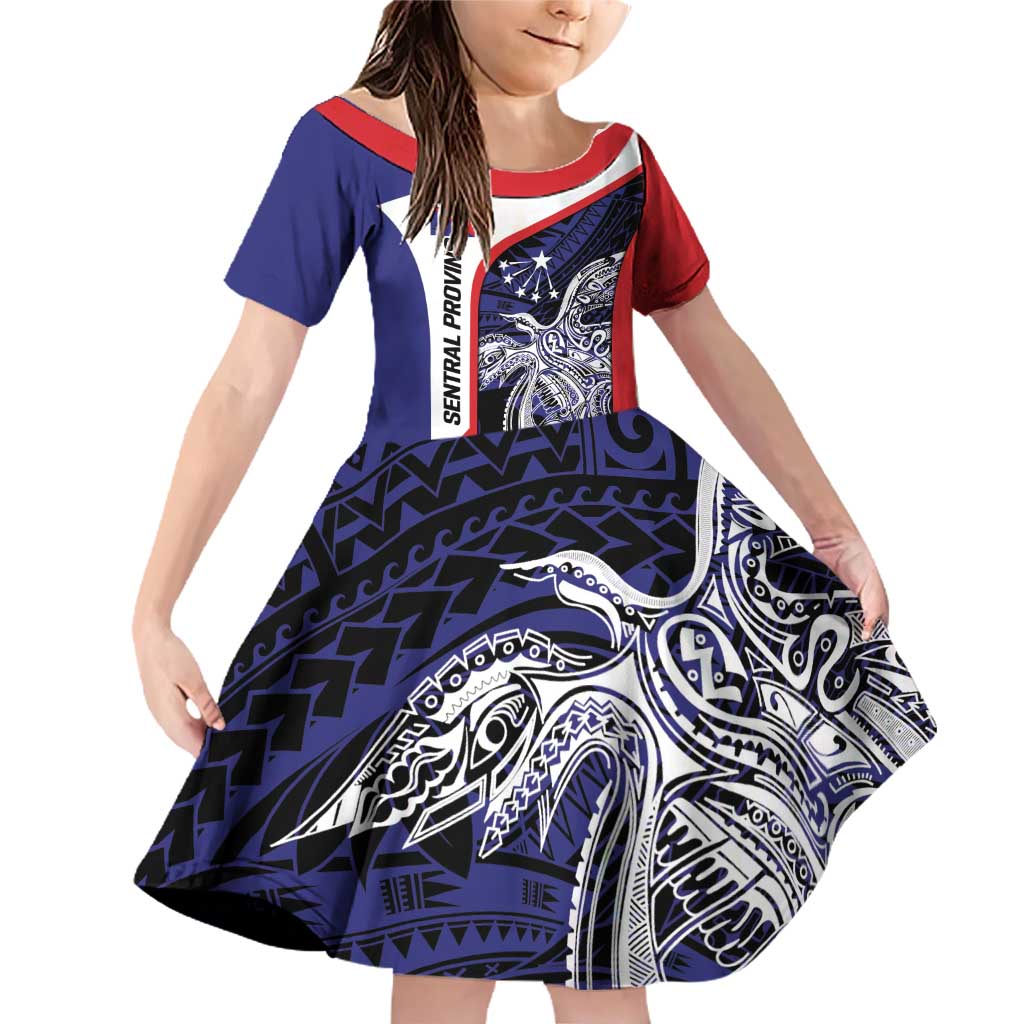 Personalised PNG Central Province Family Matching Off Shoulder Short Dress and Hawaiian Shirt Bird of Paradise Tattoo Flag Motif LT9 Daughter's Dress Blue - Polynesian Pride