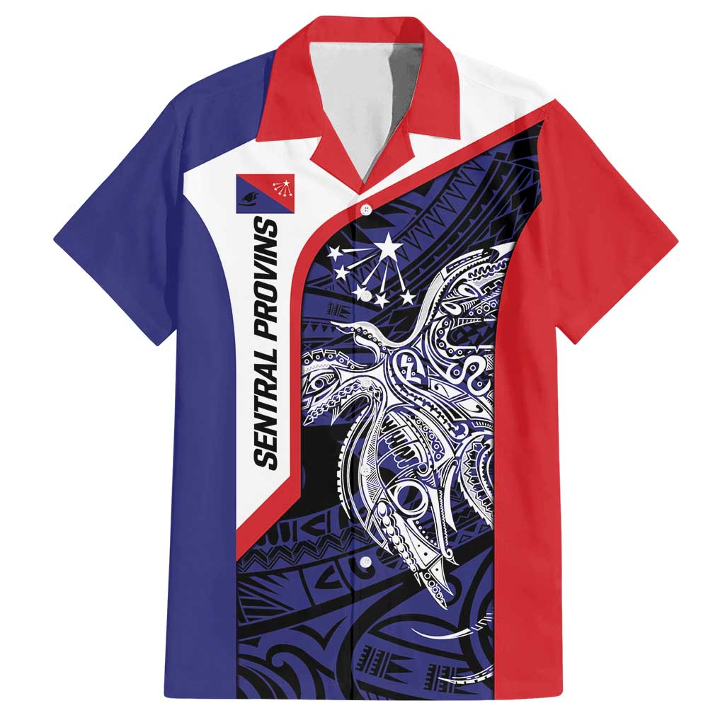 Personalised PNG Central Province Family Matching Off Shoulder Short Dress and Hawaiian Shirt Bird of Paradise Tattoo Flag Motif LT9 Dad's Shirt - Short Sleeve Blue - Polynesian Pride