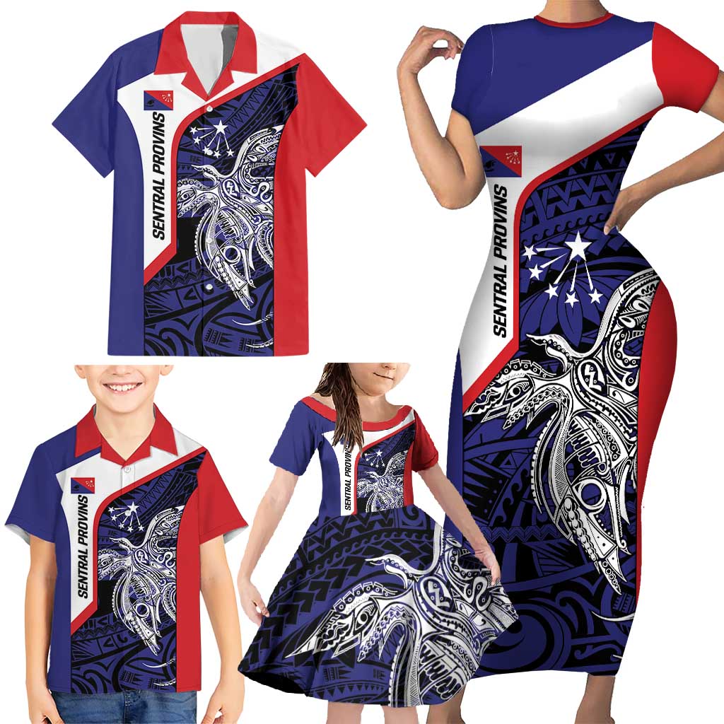 Personalised PNG Central Province Family Matching Short Sleeve Bodycon Dress and Hawaiian Shirt Bird of Paradise Tattoo Flag Motif LT9 - Polynesian Pride