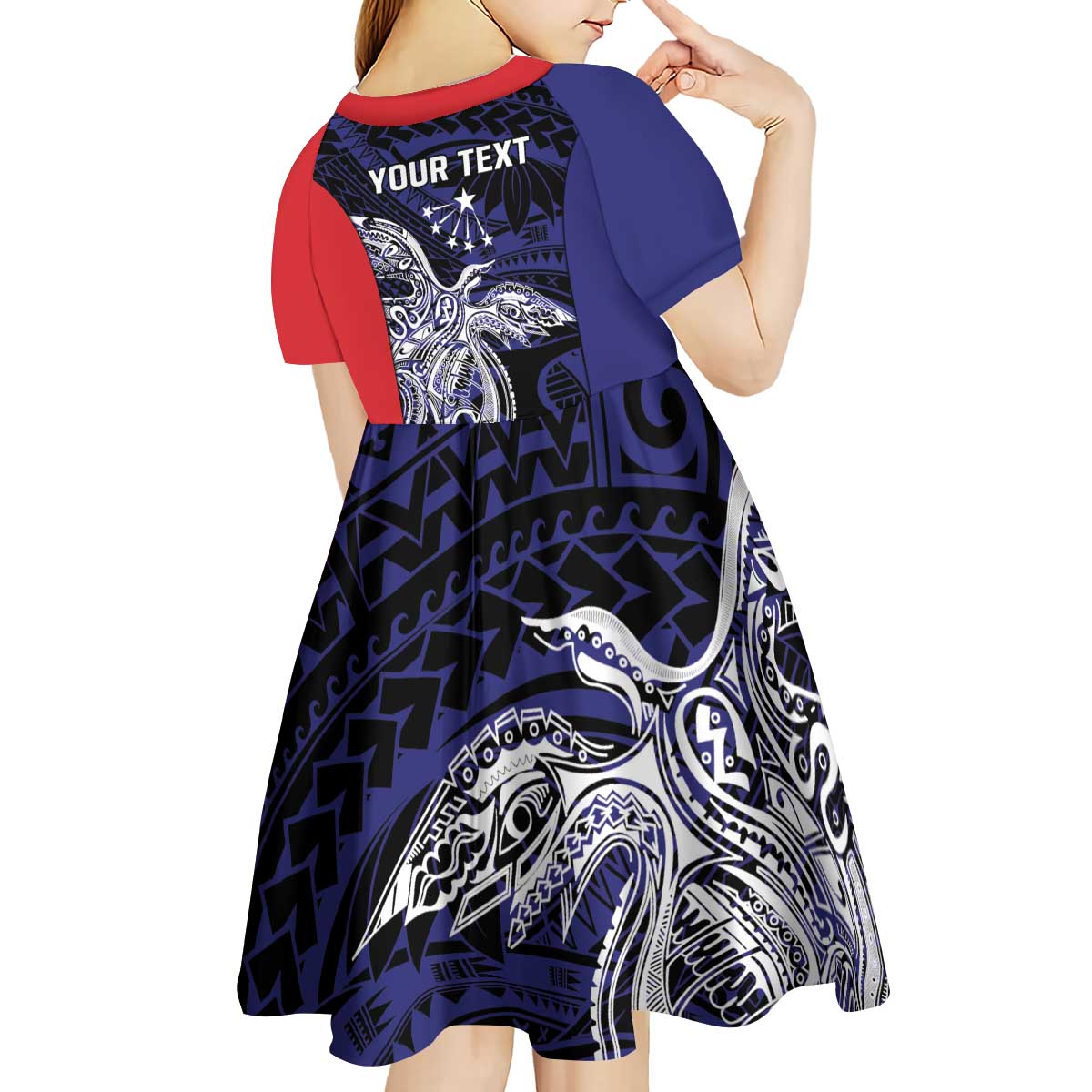 Personalised PNG Central Province Kid Short Sleeve Dress Bird of Paradise Tattoo Flag Motif LT9 - Polynesian Pride
