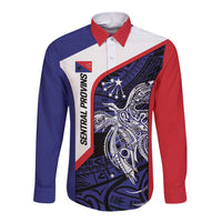 Personalised PNG Central Province Long Sleeve Button Shirt Bird of Paradise Tattoo Flag Motif LT9 Unisex Blue - Polynesian Pride