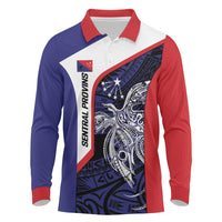 Personalised PNG Central Province Long Sleeve Polo Shirt Bird of Paradise Tattoo Flag Motif LT9 Blue - Polynesian Pride