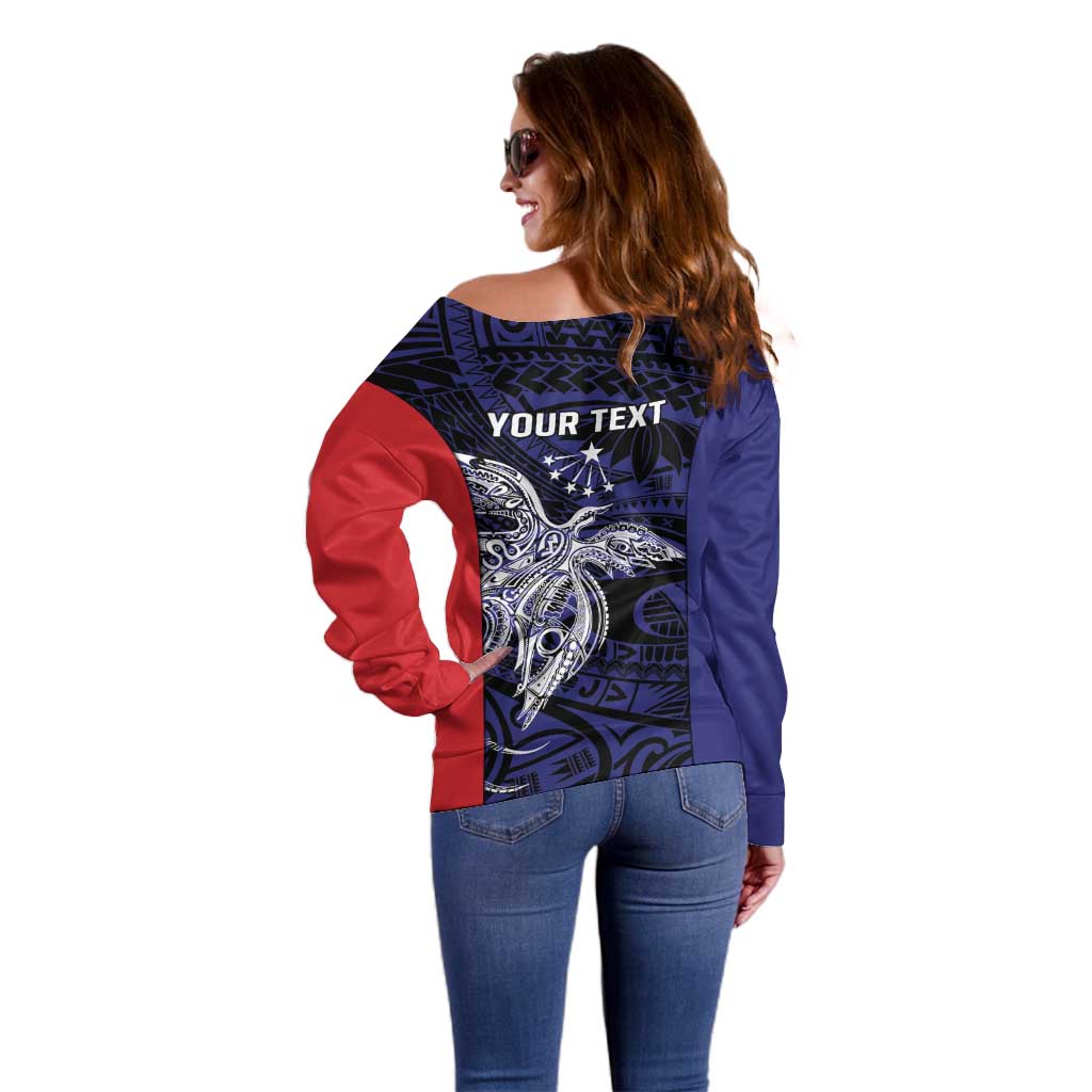 Personalised PNG Central Province Off Shoulder Sweater Bird of Paradise Tattoo Flag Motif LT9 - Polynesian Pride