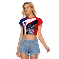 Personalised PNG Central Province Raglan Cropped T Shirt Bird of Paradise Tattoo Flag Motif LT9 Female Blue - Polynesian Pride
