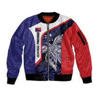 Personalised PNG Central Province Sleeve Zip Bomber Jacket Bird of Paradise Tattoo Flag Motif LT9 Unisex Blue - Polynesian Pride