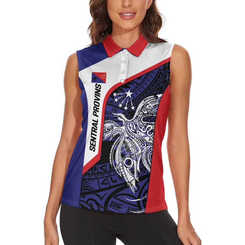 Personalised PNG Central Province Women Sleeveless Polo Shirt Bird of Paradise Tattoo Flag Motif LT9 - Polynesian Pride