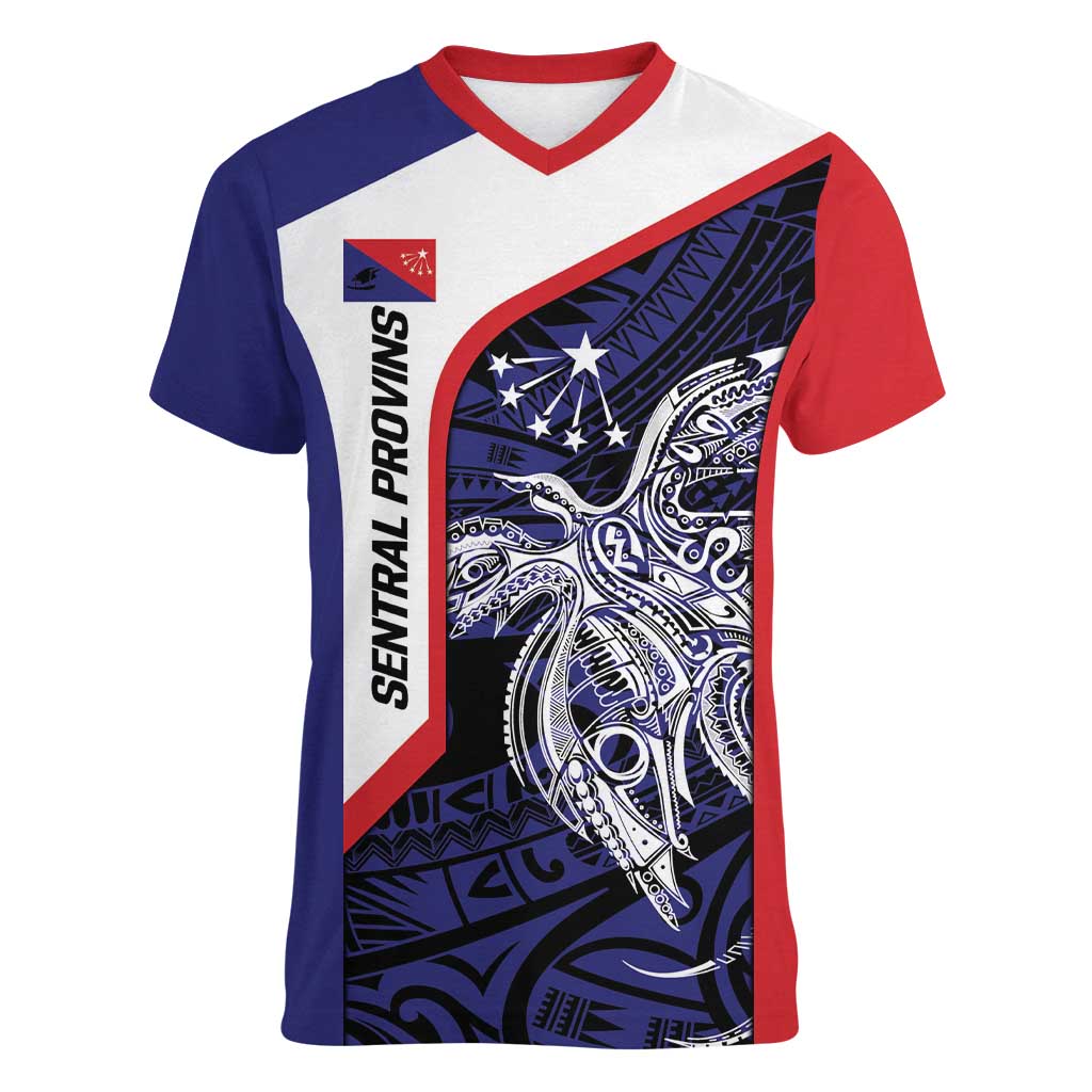 Personalised PNG Central Province Women V-Neck T-Shirt Bird of Paradise Tattoo Flag Motif LT9 Female Blue - Polynesian Pride