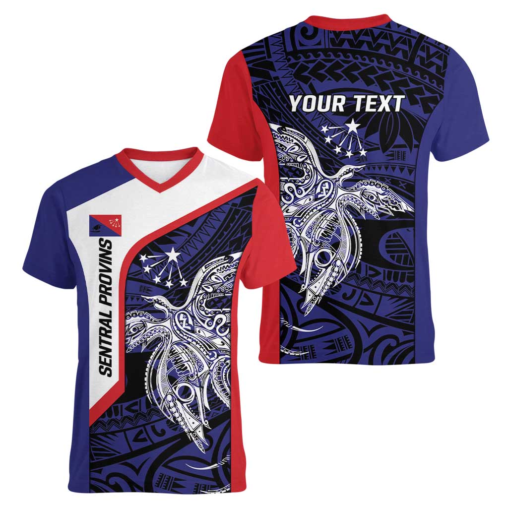 Personalised PNG Central Province Women V-Neck T-Shirt Bird of Paradise Tattoo Flag Motif LT9 - Polynesian Pride
