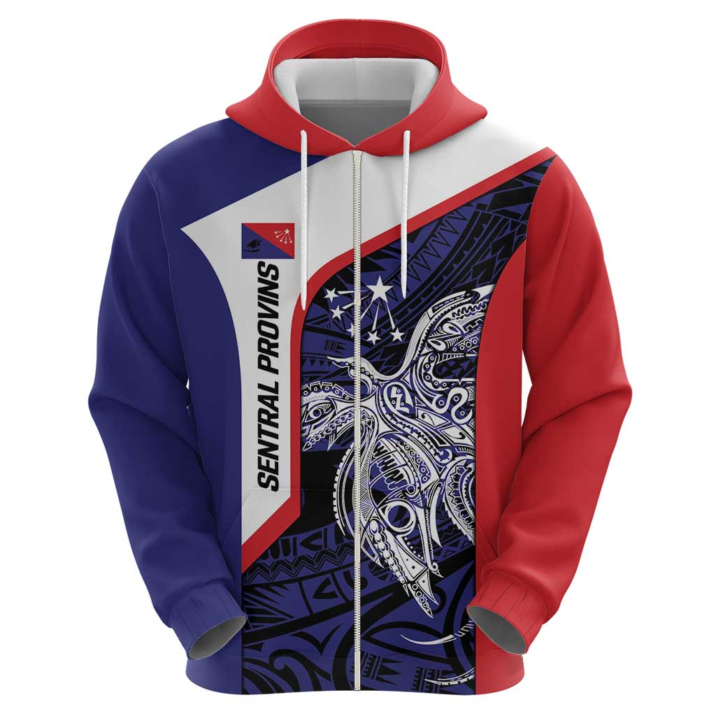 Personalised PNG Central Province Zip Hoodie Bird of Paradise Tattoo Flag Motif LT9 - Polynesian Pride