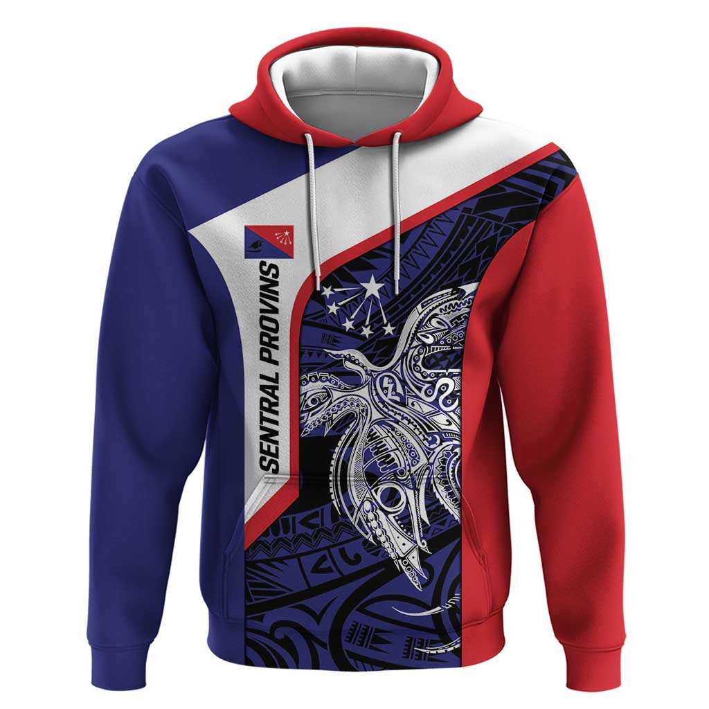 Personalised PNG Central Province Zip Hoodie Bird of Paradise Tattoo Flag Motif LT9 Pullover Hoodie Blue - Polynesian Pride