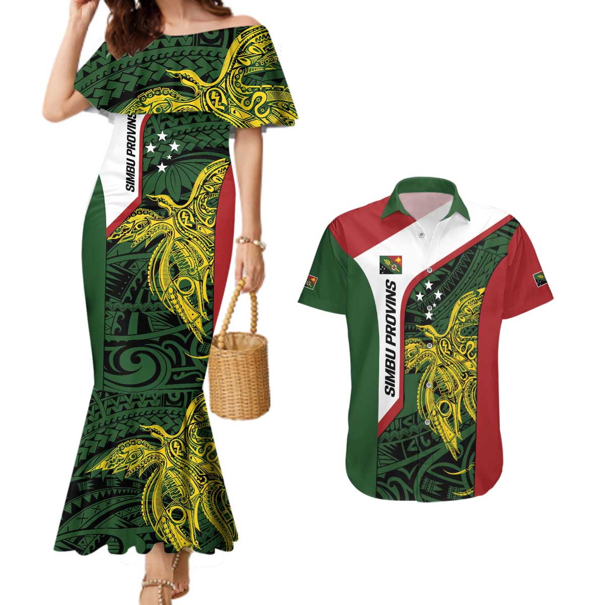 Personalised PNG Chimbu Province Couples Matching Mermaid Dress and Hawaiian Shirt Bird of Paradise Tattoo Flag Motif LT9 Red - Polynesian Pride