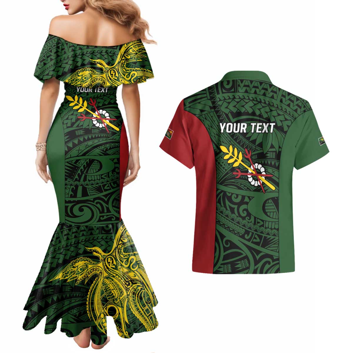 Personalised PNG Chimbu Province Couples Matching Mermaid Dress and Hawaiian Shirt Bird of Paradise Tattoo Flag Motif LT9 - Polynesian Pride