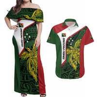 Personalised PNG Chimbu Province Couples Matching Off Shoulder Maxi Dress and Hawaiian Shirt Bird of Paradise Tattoo Flag Motif LT9 Red - Polynesian Pride