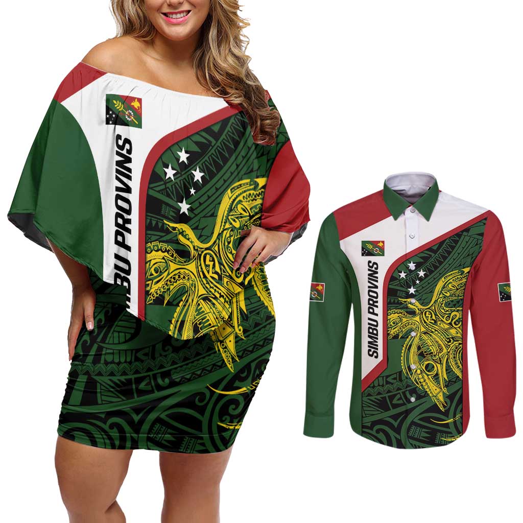 Personalised PNG Chimbu Province Couples Matching Off Shoulder Short Dress and Long Sleeve Button Shirt Bird of Paradise Tattoo Flag Motif LT9 Red - Polynesian Pride