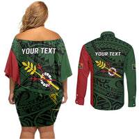 Personalised PNG Chimbu Province Couples Matching Off Shoulder Short Dress and Long Sleeve Button Shirt Bird of Paradise Tattoo Flag Motif LT9 - Polynesian Pride