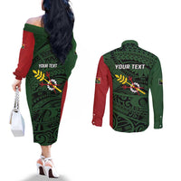 Personalised PNG Chimbu Province Couples Matching Off The Shoulder Long Sleeve Dress and Long Sleeve Button Shirt Bird of Paradise Tattoo Flag Motif LT9 - Polynesian Pride