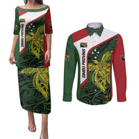 Personalised PNG Chimbu Province Couples Matching Puletasi and Long Sleeve Button Shirt Bird of Paradise Tattoo Flag Motif LT9 Red - Polynesian Pride