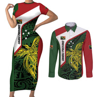 Personalised PNG Chimbu Province Couples Matching Short Sleeve Bodycon Dress and Long Sleeve Button Shirt Bird of Paradise Tattoo Flag Motif LT9 Red - Polynesian Pride