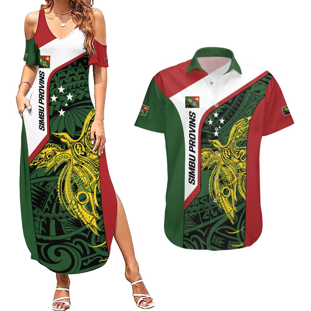 Personalised PNG Chimbu Province Couples Matching Summer Maxi Dress and Hawaiian Shirt Bird of Paradise Tattoo Flag Motif LT9 Red - Polynesian Pride