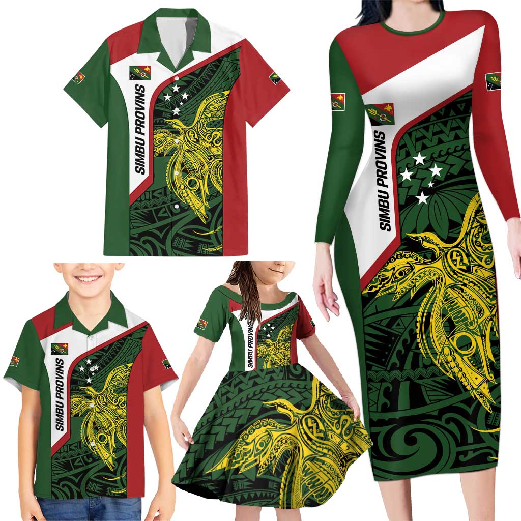 Personalised PNG Chimbu Province Family Matching Long Sleeve Bodycon Dress and Hawaiian Shirt Bird of Paradise Tattoo Flag Motif LT9 - Polynesian Pride
