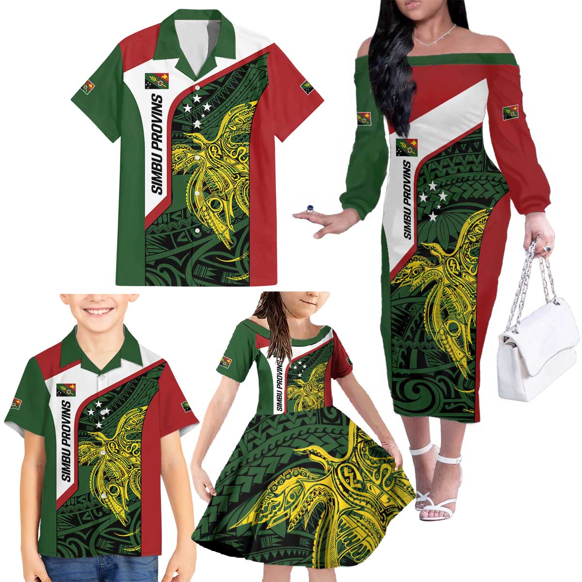 Personalised PNG Chimbu Province Family Matching Off The Shoulder Long Sleeve Dress and Hawaiian Shirt Bird of Paradise Tattoo Flag Motif LT9 - Polynesian Pride