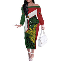 Personalised PNG Chimbu Province Off The Shoulder Long Sleeve Dress Bird of Paradise Tattoo Flag Motif LT9 Women Red - Polynesian Pride