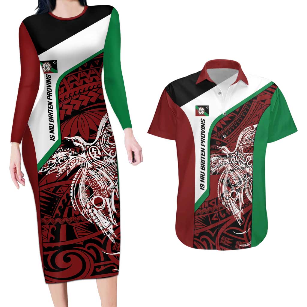 Personalised PNG East New Britain Province Couples Matching Long Sleeve Bodycon Dress and Hawaiian Shirt Bird of Paradise Tattoo Flag Motif - Polynesian Pride