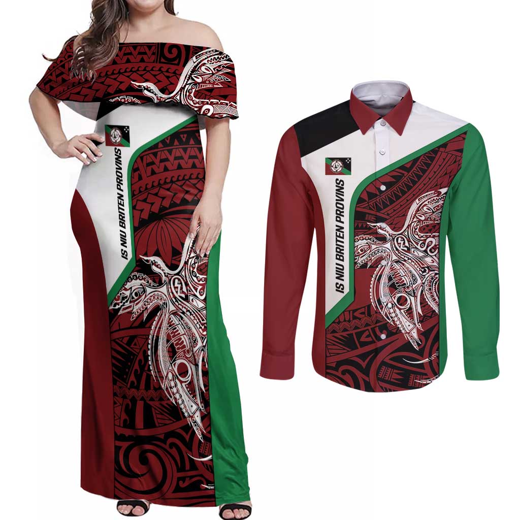 Personalised PNG East New Britain Province Couples Matching Off Shoulder Maxi Dress and Long Sleeve Button Shirt Bird of Paradise Tattoo Flag Motif LT9 Green - Polynesian Pride