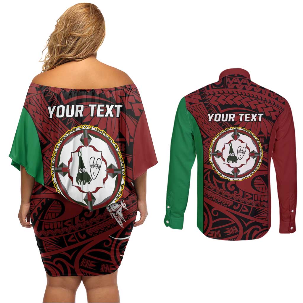 Personalised PNG East New Britain Province Couples Matching Off Shoulder Short Dress and Long Sleeve Button Shirt Bird of Paradise Tattoo Flag Motif LT9 - Polynesian Pride