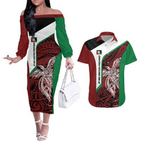 Personalised PNG East New Britain Province Couples Matching Off The Shoulder Long Sleeve Dress and Hawaiian Shirt Bird of Paradise Tattoo Flag Motif LT9 Green - Polynesian Pride