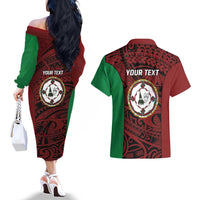 Personalised PNG East New Britain Province Couples Matching Off The Shoulder Long Sleeve Dress and Hawaiian Shirt Bird of Paradise Tattoo Flag Motif LT9 - Polynesian Pride