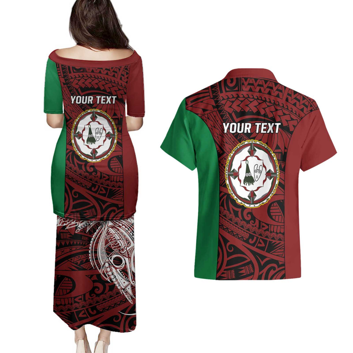 Personalised PNG East New Britain Province Couples Matching Puletasi and Hawaiian Shirt Bird of Paradise Tattoo Flag Motif LT9 - Polynesian Pride