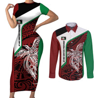 Personalised PNG East New Britain Province Couples Matching Short Sleeve Bodycon Dress and Long Sleeve Button Shirt Bird of Paradise Tattoo Flag Motif LT9 Green - Polynesian Pride