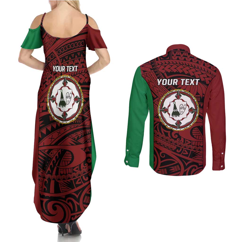 Personalised PNG East New Britain Province Couples Matching Summer Maxi Dress and Long Sleeve Button Shirt Bird of Paradise Tattoo Flag Motif LT9 - Polynesian Pride