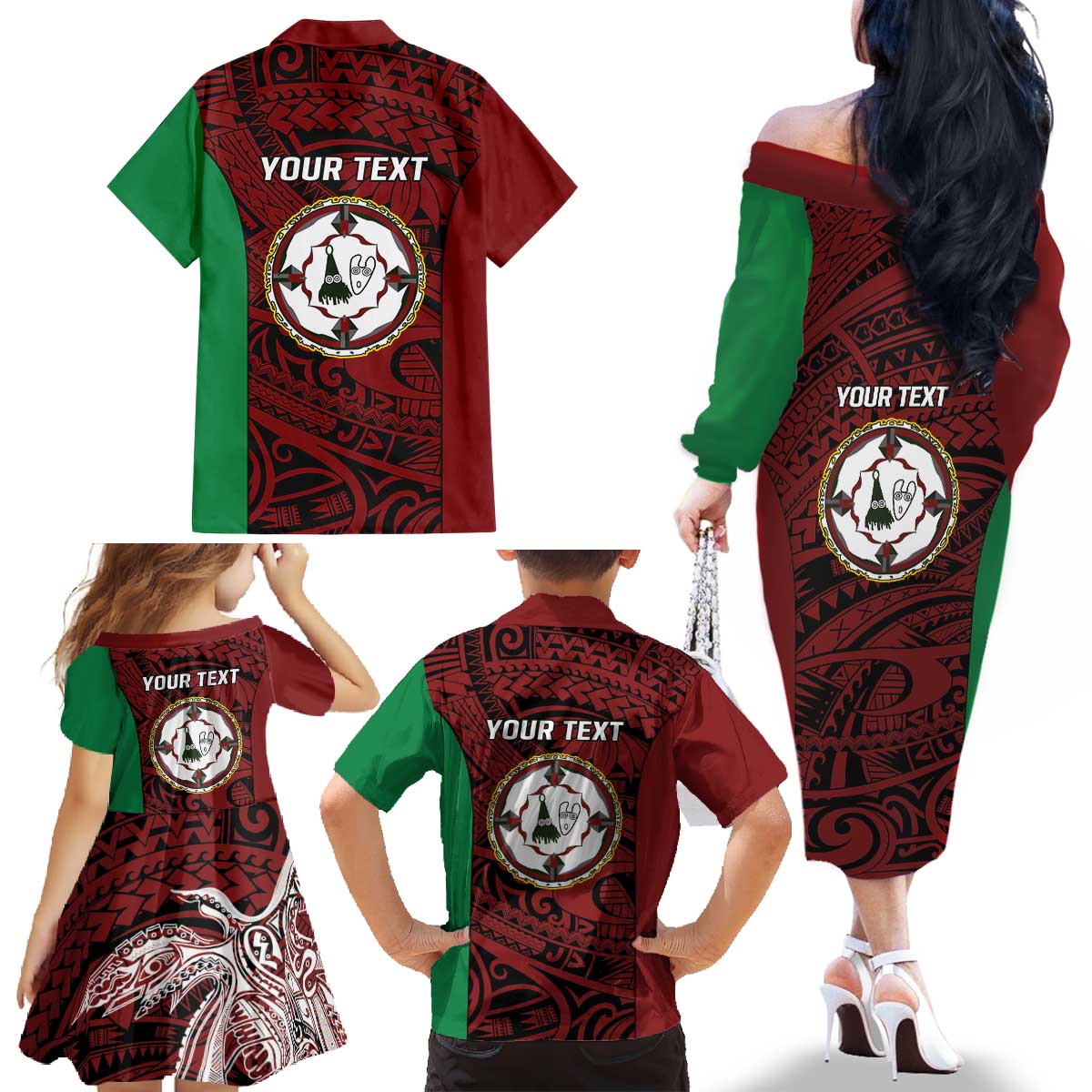 Personalised PNG East New Britain Province Family Matching Off The Shoulder Long Sleeve Dress and Hawaiian Shirt Bird of Paradise Tattoo Flag Motif LT9 - Polynesian Pride