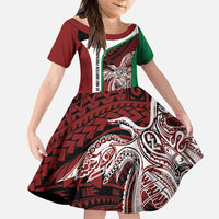 Personalised PNG East New Britain Province Family Matching Puletasi and Hawaiian Shirt Bird of Paradise Tattoo Flag Motif LT9 Daughter's Dress Green - Polynesian Pride