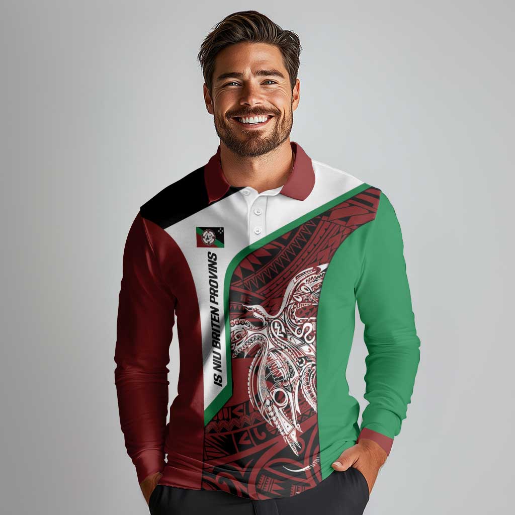 Personalised PNG East New Britain Province Long Sleeve Polo Shirt Bird of Paradise Tattoo Flag Motif LT9 - Polynesian Pride
