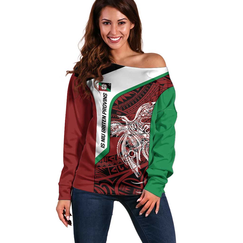 Personalised PNG East New Britain Province Off Shoulder Sweater Bird of Paradise Tattoo Flag Motif LT9 Women Green - Polynesian Pride