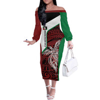 Personalised PNG East New Britain Province Off The Shoulder Long Sleeve Dress Bird of Paradise Tattoo Flag Motif LT9 Women Green - Polynesian Pride