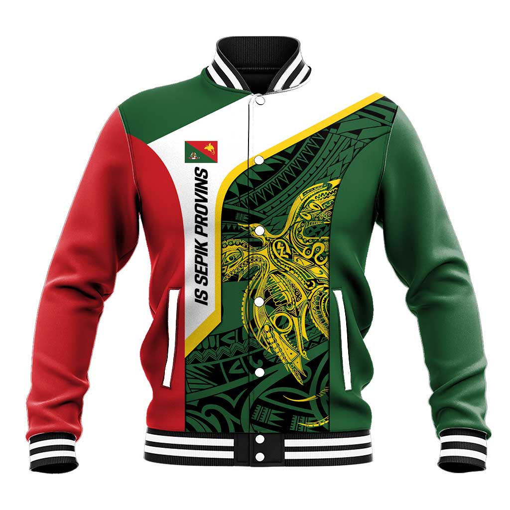 Personalised PNG East Sepik Province Baseball Jacket Bird of Paradise Tattoo Flag Motif - Polynesian Pride