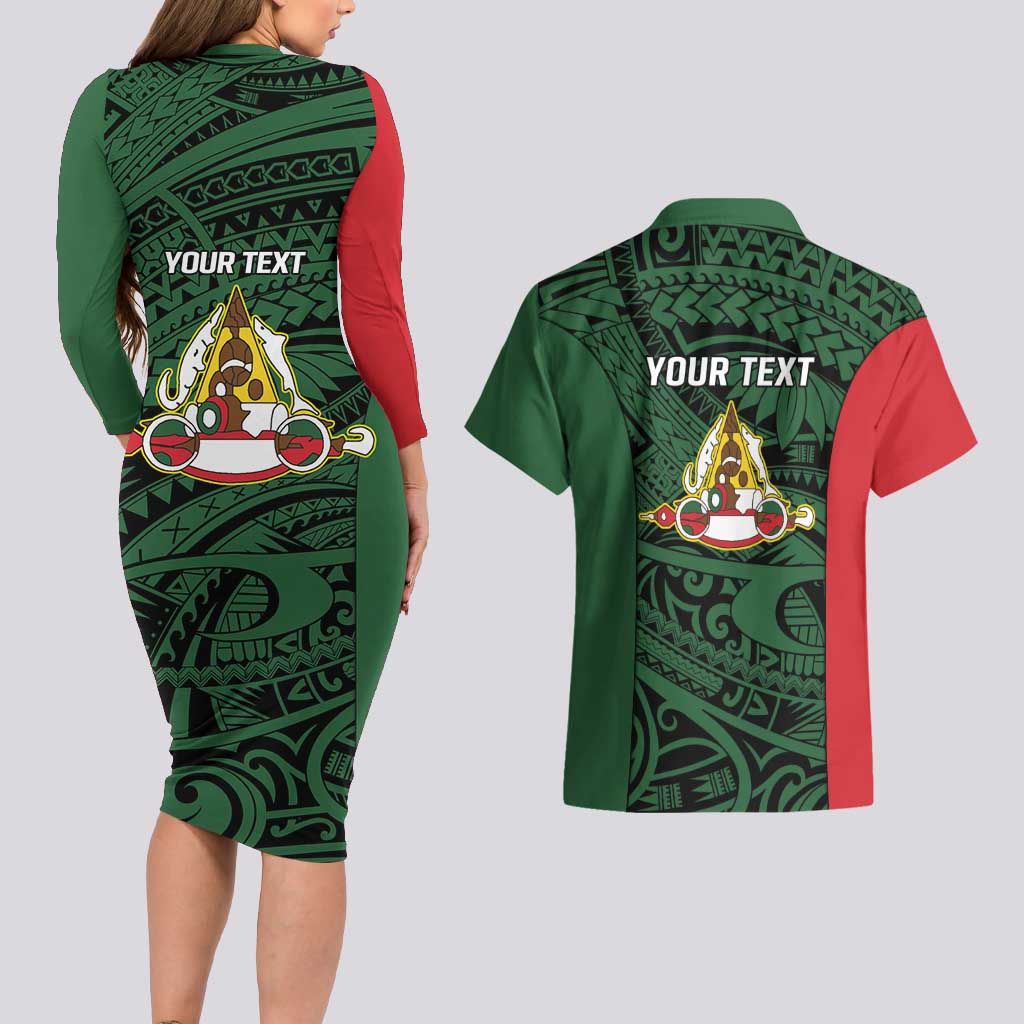 Personalised PNG East Sepik Province Couples Matching Long Sleeve Bodycon Dress and Hawaiian Shirt Bird of Paradise Tattoo Flag Motif LT9 - Polynesian Pride