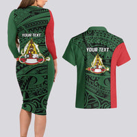 Personalised PNG East Sepik Province Couples Matching Long Sleeve Bodycon Dress and Hawaiian Shirt Bird of Paradise Tattoo Flag Motif LT9 - Polynesian Pride