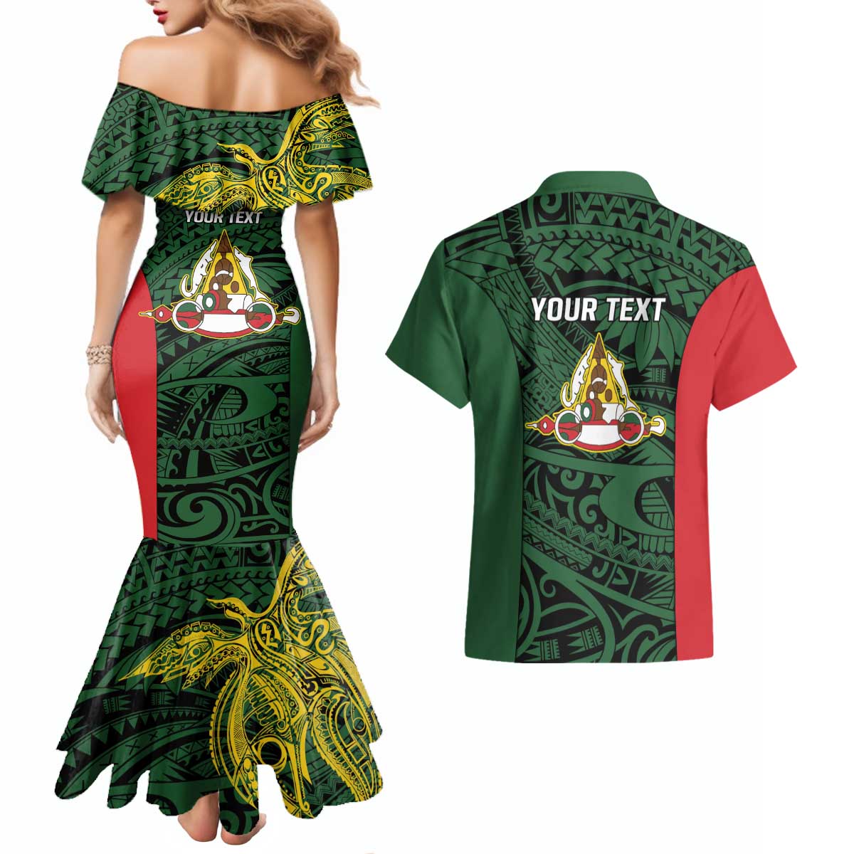 Personalised PNG East Sepik Province Couples Matching Mermaid Dress and Hawaiian Shirt Bird of Paradise Tattoo Flag Motif LT9 - Polynesian Pride