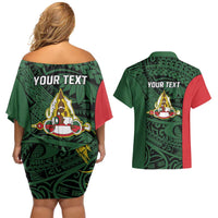 Personalised PNG East Sepik Province Couples Matching Off Shoulder Short Dress and Hawaiian Shirt Bird of Paradise Tattoo Flag Motif LT9 - Polynesian Pride