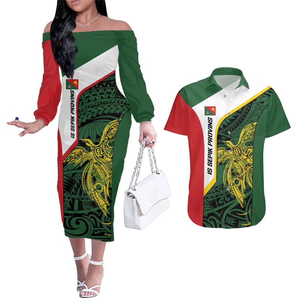 Personalised PNG East Sepik Province Couples Matching Off The Shoulder Long Sleeve Dress and Hawaiian Shirt Bird of Paradise Tattoo Flag Motif LT9 Green - Polynesian Pride