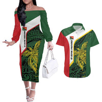 Personalised PNG East Sepik Province Couples Matching Off The Shoulder Long Sleeve Dress and Hawaiian Shirt Bird of Paradise Tattoo Flag Motif LT9 Green - Polynesian Pride
