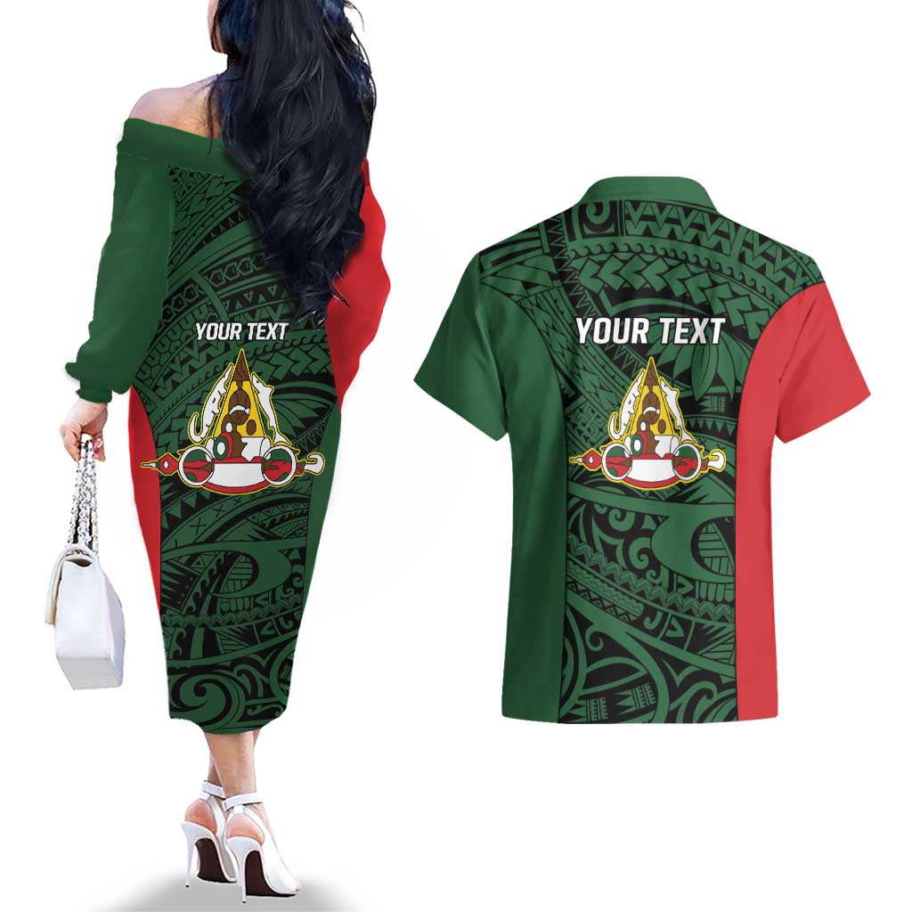 Personalised PNG East Sepik Province Couples Matching Off The Shoulder Long Sleeve Dress and Hawaiian Shirt Bird of Paradise Tattoo Flag Motif LT9 - Polynesian Pride