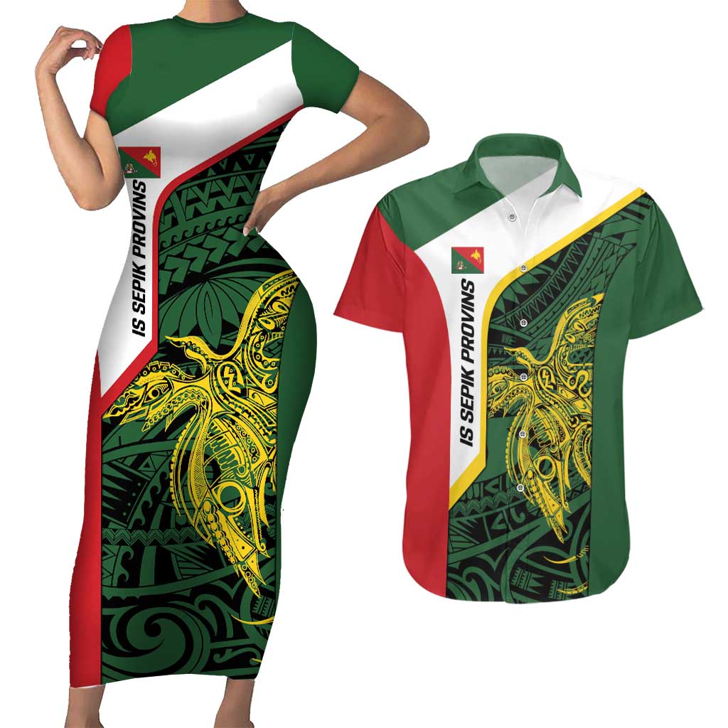 Personalised PNG East Sepik Province Couples Matching Short Sleeve Bodycon Dress and Hawaiian Shirt Bird of Paradise Tattoo Flag Motif LT9 Green - Polynesian Pride